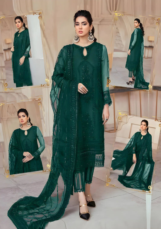 Mushq Green Formal Net Embroidered With Handwork 3 Piece Unstitched