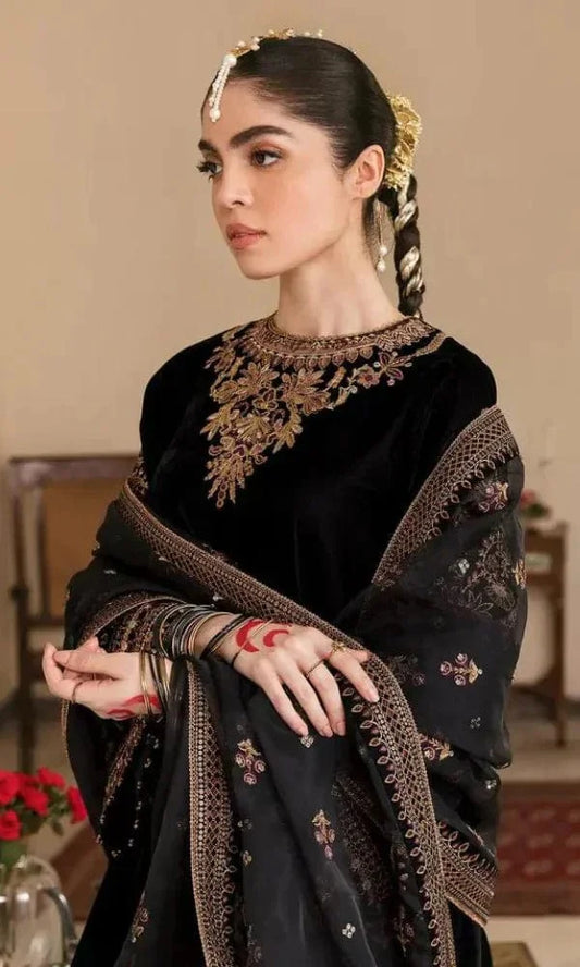 Baroque Black Luxury Velvet Dress Embroidered 3 Piece Unstitched