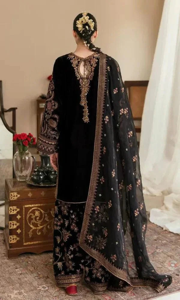 Baroque Black Luxury Velvet Dress Embroidered 3 Piece Unstitched