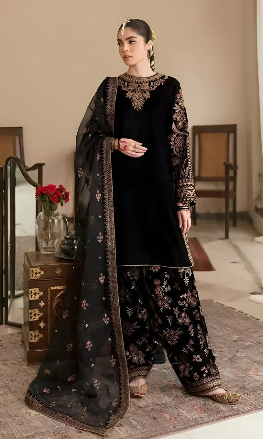 Baroque Black Luxury Velvet Dress Embroidered 3 Piece Unstitched