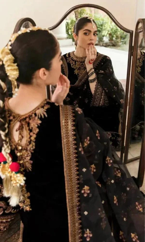 Baroque Black Luxury Velvet Dress Embroidered 3 Piece Unstitched