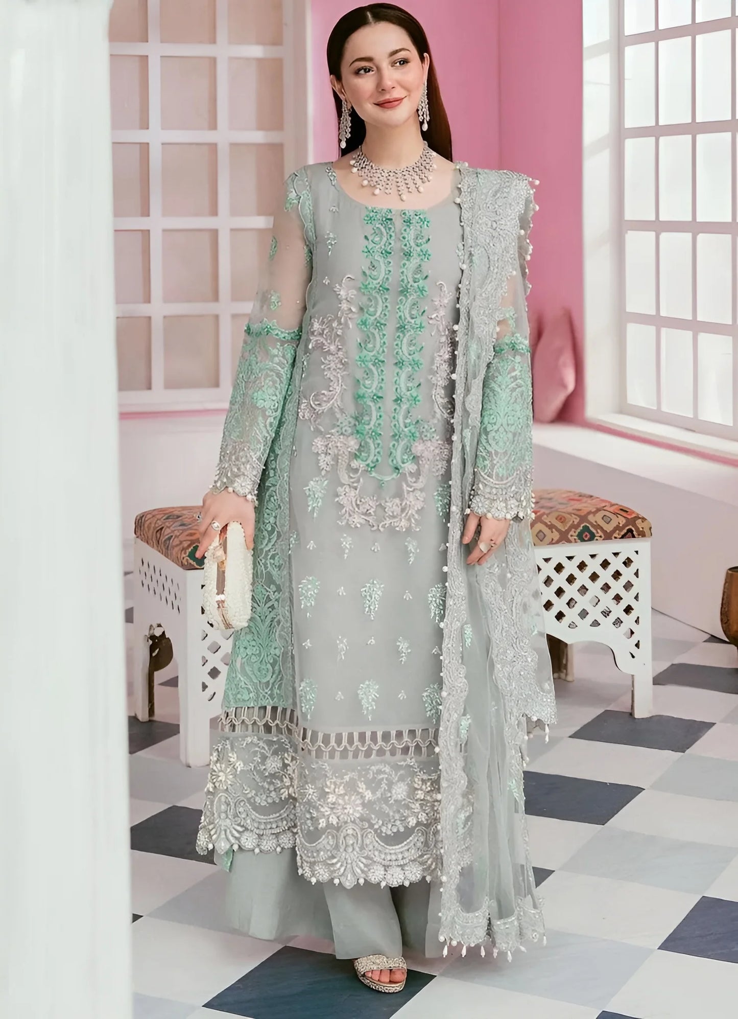 Elaf Green Hand Work Organza Embroidered 3 Piece Unstitched