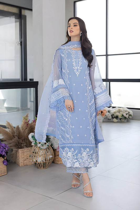 Azure Sky Blue Thread Work Luxury Embroidery Dress 3 Piece Unstitched